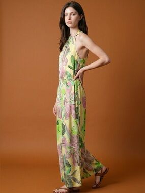 Dries Van Noten silk Floral Halter Maxi Jumpsuit in Yellow and Green